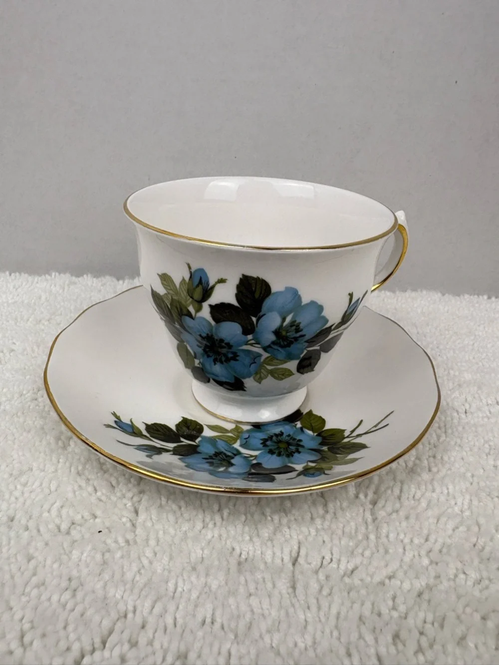 Vintage Royal Vale Blue Floral Bone China Tea Cup and Saucer Set Made in England
